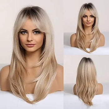 long blonde layered synthetic hair wig with dark roots blonde color with dark roots