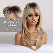 Load image into Gallery viewer, long blonde layered synthetic hair wig with dark roots
