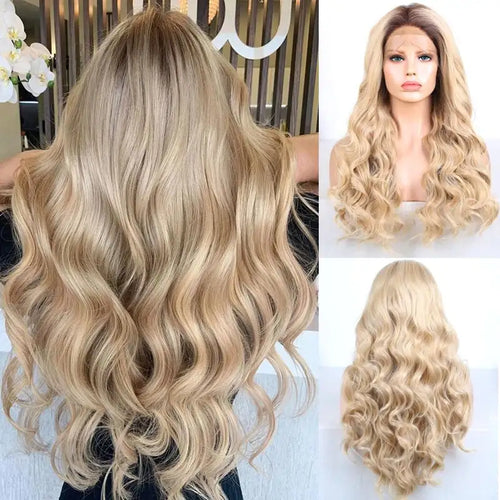long body wave dark roots heat resistant hair lace front wig