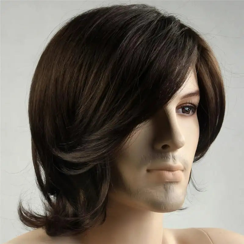 long brown layered synthetic wig for men