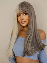 Load image into Gallery viewer, long straight gray white split wig with bangs gray/white
