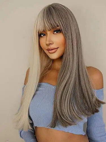 long straight gray white split wig with bangs gray/white