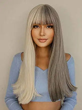 Load image into Gallery viewer, long straight gray white split wig with bangs
