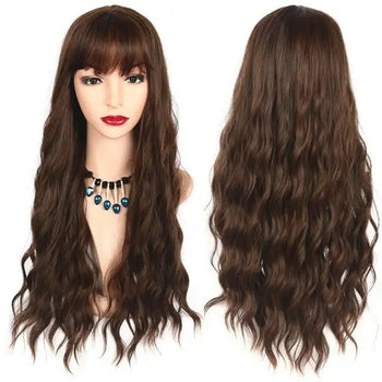 long wavy heat friendly wig with bangs brown wig / 26inches
