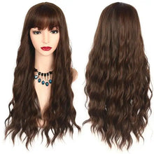 Load image into Gallery viewer, long wavy heat friendly wig with bangs brown wig / 26inches
