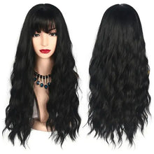 Load image into Gallery viewer, long wavy heat friendly wig with bangs black wig / 26inches
