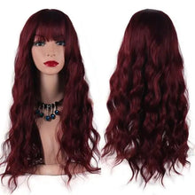 Load image into Gallery viewer, long wavy heat friendly wig with bangs burgundy wig / 26inches
