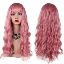 Load image into Gallery viewer, long wavy heat friendly wig with bangs pink wig / 26inches
