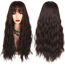 Load image into Gallery viewer, long wavy heat friendly wig with bangs brown red wig / 26inches
