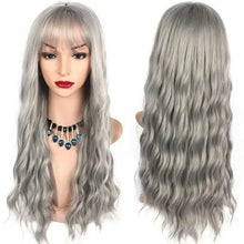 Load image into Gallery viewer, long wavy heat friendly wig with bangs silver grey wig / 26inches
