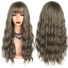 Load image into Gallery viewer, long wavy heat friendly wig with bangs grey wig / 26inches
