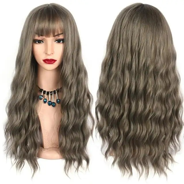long wavy heat friendly wig with bangs grey wig / 26inches