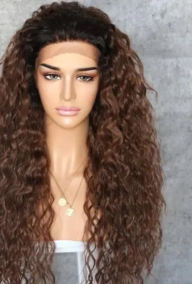 mackenna futura fiber curly heat resistant lace front wig ombrebrown / 150% / lace front / 26inches