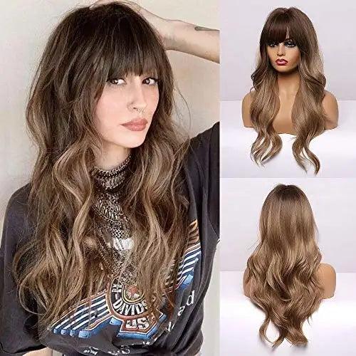 ombre brown heat resistant fibre long wavy wig ombre brown