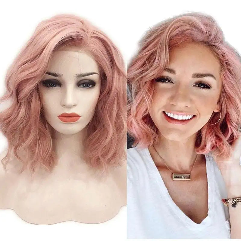 orange pink natural wave bob lace front wig