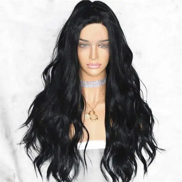 paula extra long black color synthetic lace front heat resistant fibre wig