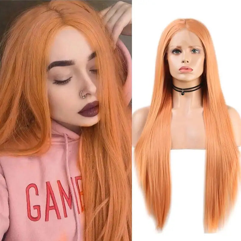 peach colored silky straight lace wig with middle part
