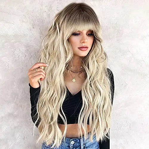 penelope transitional dark root to light blonde long heat resistant hair wig light golden mix blonde