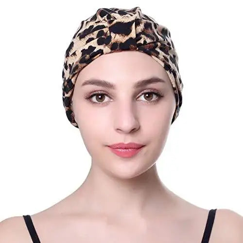 printed leopard and assorted print cotton turban sleep cap striped black