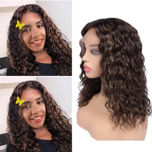 sable - brown & auburn lace front water wave human hair wig 14inches / f4-30