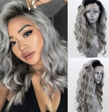 Load image into Gallery viewer, sage - water wave silver grey synthetic heat resistant lace front wig with natural hairline
