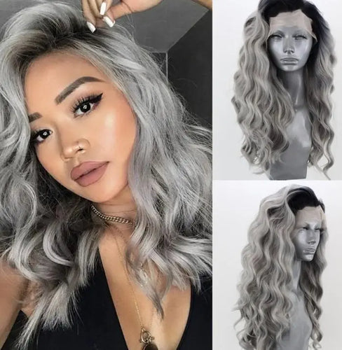 sage - water wave silver grey synthetic heat resistant lace front wig with natural hairline