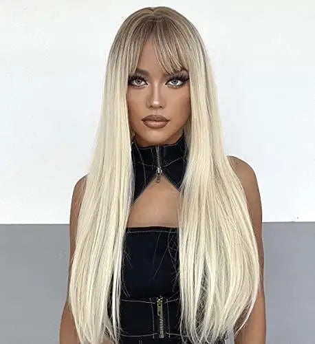 shaded platinum blonde wig with bangs #156