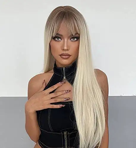 Long platinum blonde wig with bangs deals