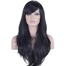Load image into Gallery viewer, side swept bangs long heat resistant wig black
