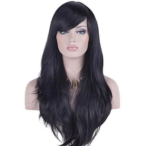 side swept bangs long heat resistant wig black