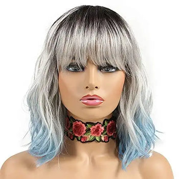 silver with blue tips heat friendly wig 12 inches / sliver blue