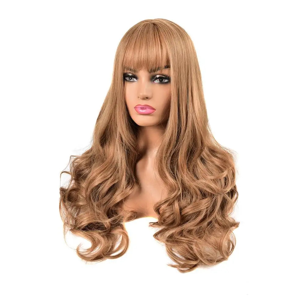 strawberry and light brown blended long wavy synthetic hair wig high-temperature fibre