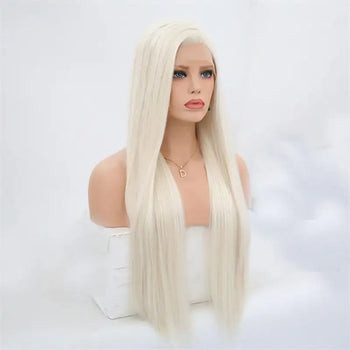 summer long silky straight white blonde synthetic lace front wig