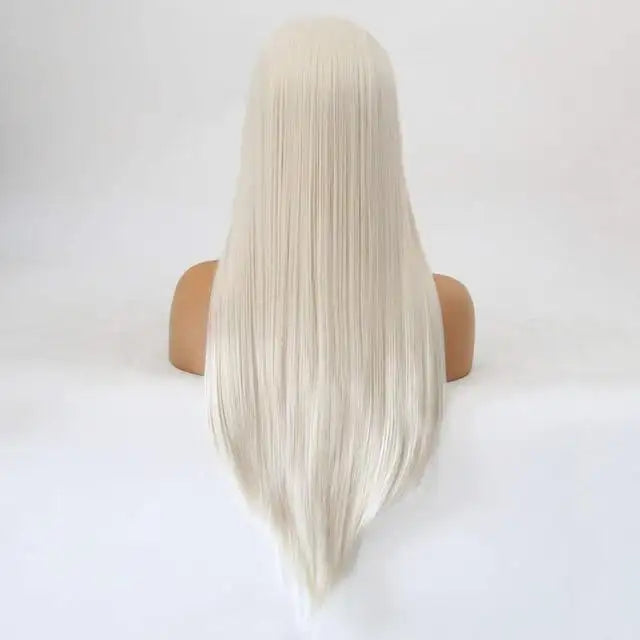 summer long silky straight white blonde synthetic lace front wig