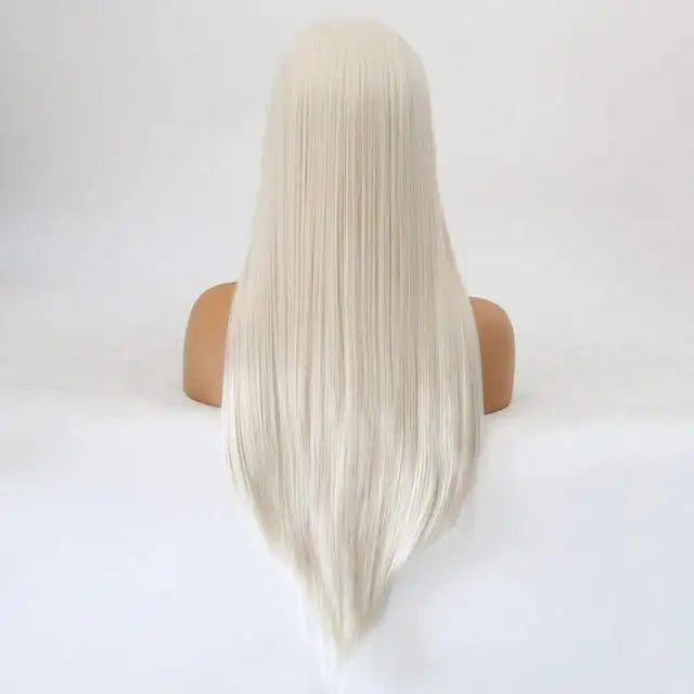summer long silky straight white blonde synthetic lace front wig
