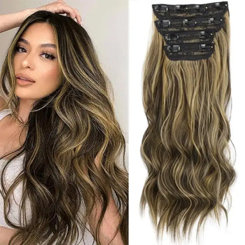 synthetic clip in hair extensions set mix of brown / 18 inches