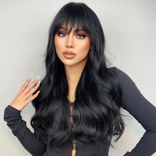 Heat Resistant Black Long Wavy Synthetic Wig with Bangs Wig Store
