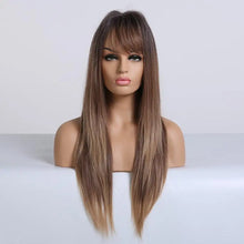 Load image into Gallery viewer, tipped ombre long straight wig with bangs

