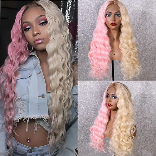 wavy half pink half blonde synthetic lace front wig