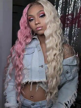 Load image into Gallery viewer, wavy half pink half blonde synthetic lace front wig
