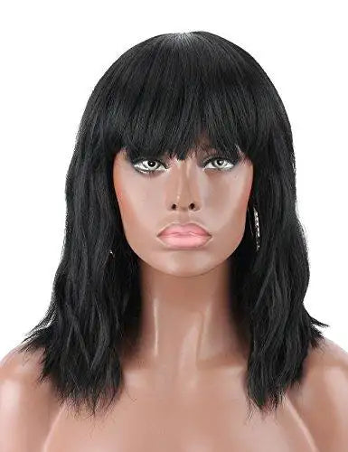wavy mid length heat resistant wavy wig with bangs