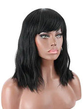 Load image into Gallery viewer, wavy mid length heat resistant wavy wig with bangs black 1b
