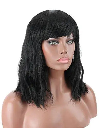 wavy mid length heat resistant wavy wig with bangs black 1b
