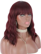 Load image into Gallery viewer, wavy mid length heat resistant wavy wig with bangs 99j burgundy

