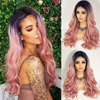 wavy pink ombre rooted heat friendly wig with t  part lace front default title