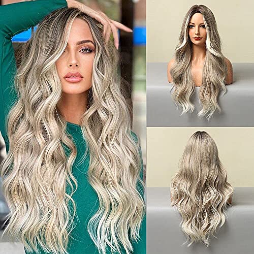 Extra Long 26 inch Wavy Ombre Blonde Wig with Dark Roots and Middle Part Wig Store