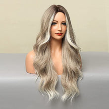 Load image into Gallery viewer, Extra Long 26 inch Wavy Ombre Blonde Wig with Dark Roots and Middle Part Wig Store
