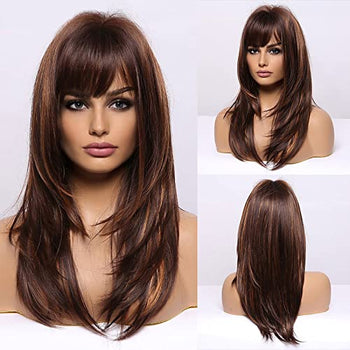 Highlighted Brown Wig with Bangs Wig Store