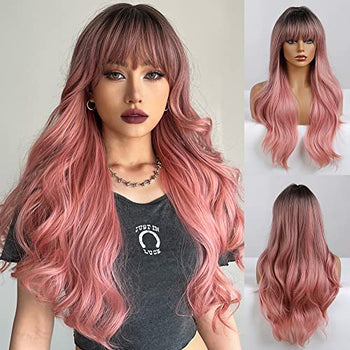 Long Wavy Ombre Pink wig with Bangs Wig Store