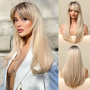 Dark Rooted Long Blonde Wig with Bangs Wig Store